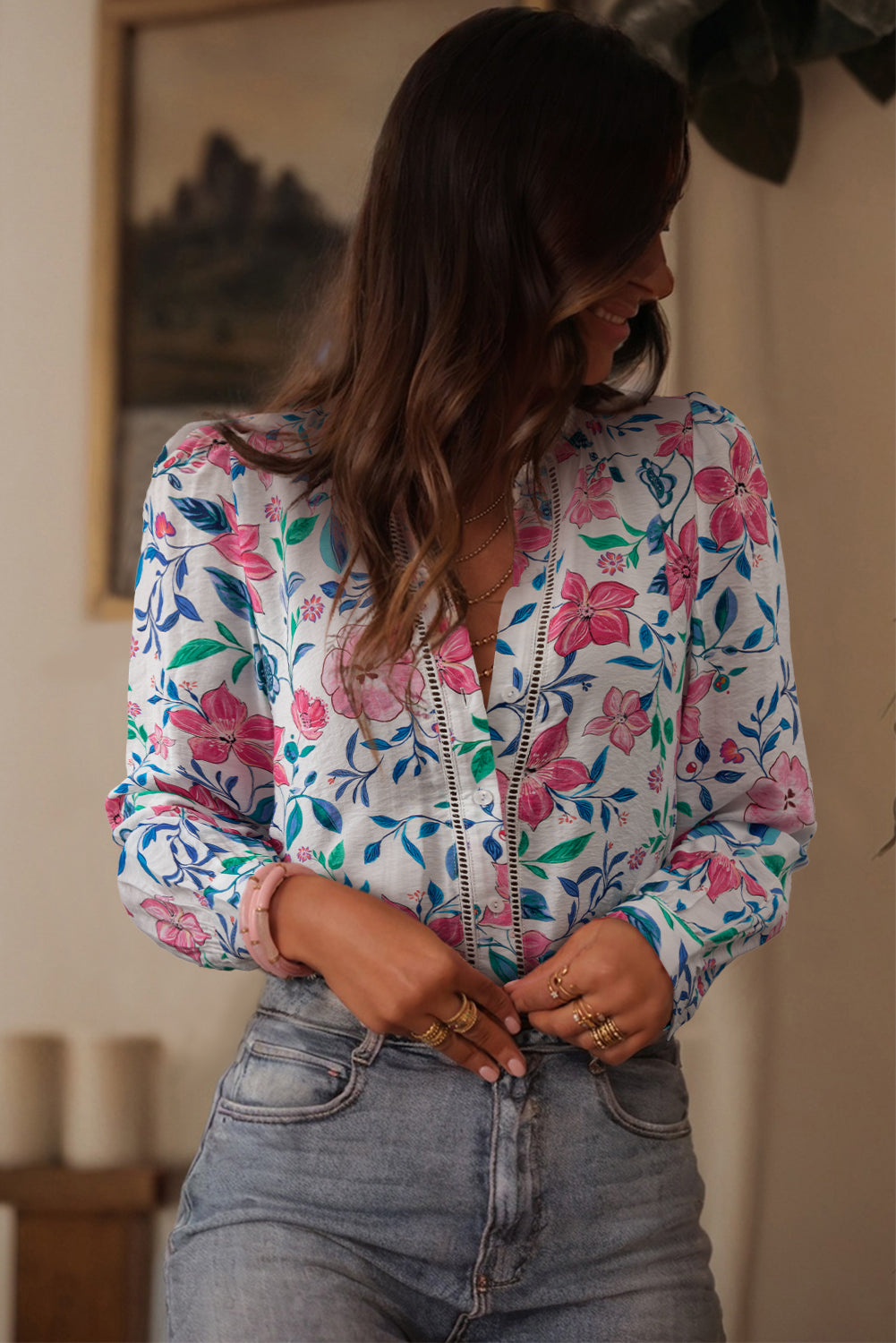 Floral Print Lace Detail Button-up Long Sleeve Shirt