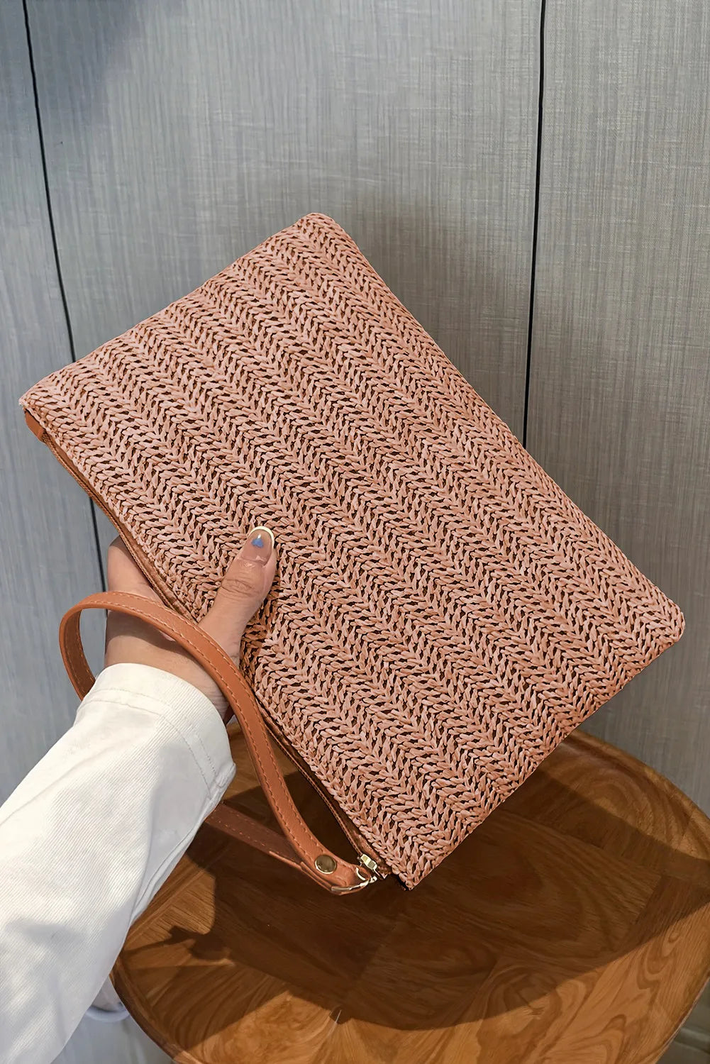 Straw Woven Wrist Strap Zipper Large Wallet