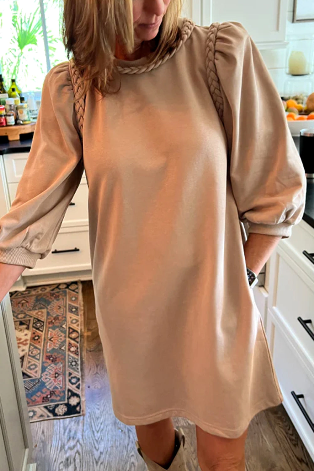 Braided Trim Puff Sleeve Dress
