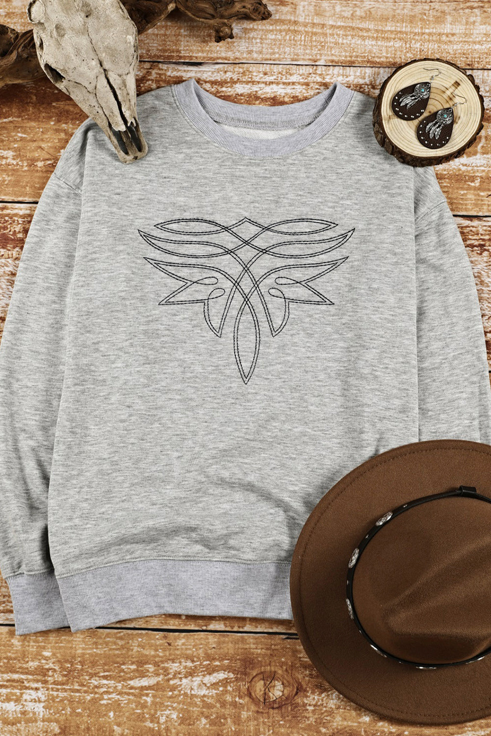 Western Pattern Embroidered Drop Shoulder Pullover Top