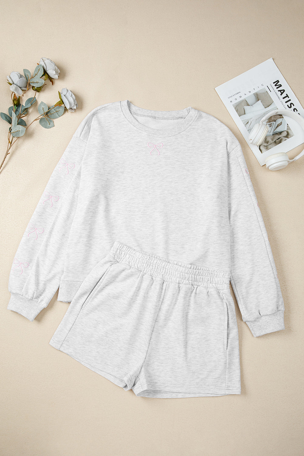 Girly Bow Embroidered Detail Puff Sleeve Pullover 2pcs Short Set