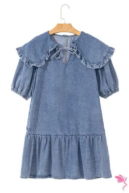 Ruffled Collared Side Pockets Puff Sleeve Denim Mini Dress