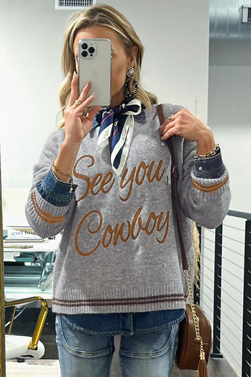 See You Cowboy Embroidered Western Graphic Sweater