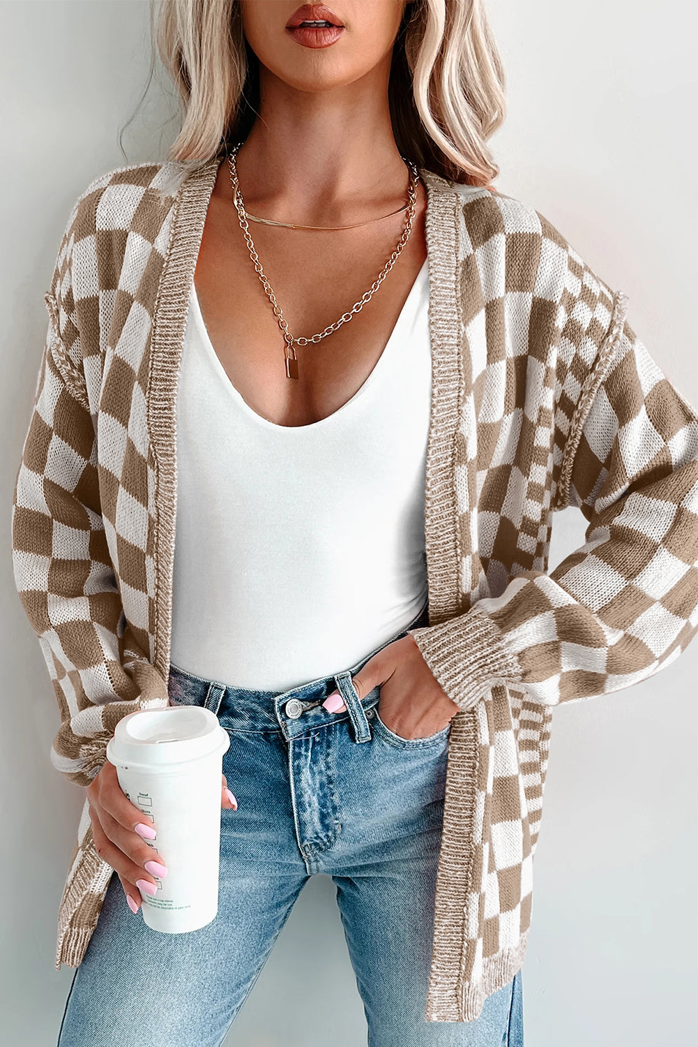 Checkered Open Front Drop Shoulder Cardigan