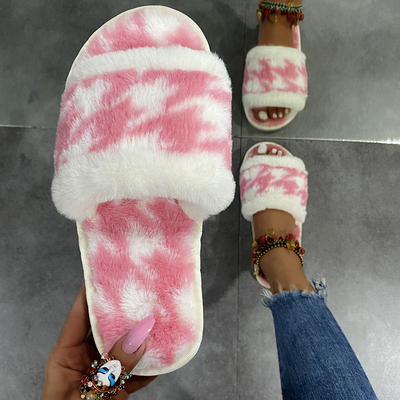 Tie-Dye Soft Bottom Fur Slippers - KOC