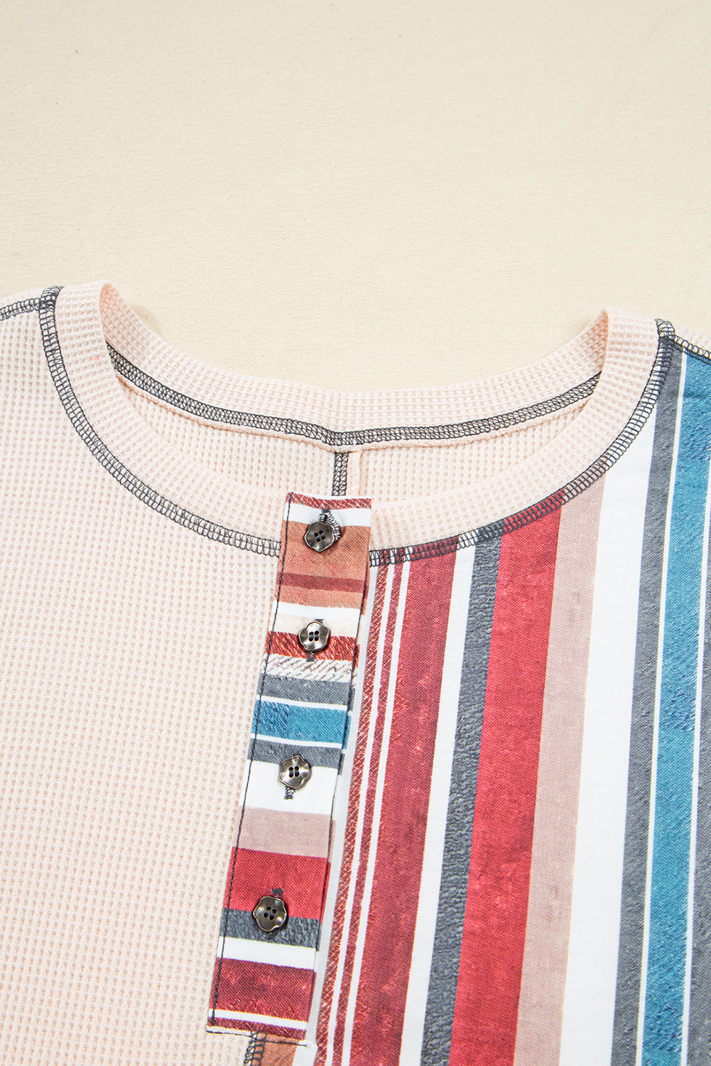 Striped Waffle Patchwork Exposed Seam Raw Edge Casual Knit Top