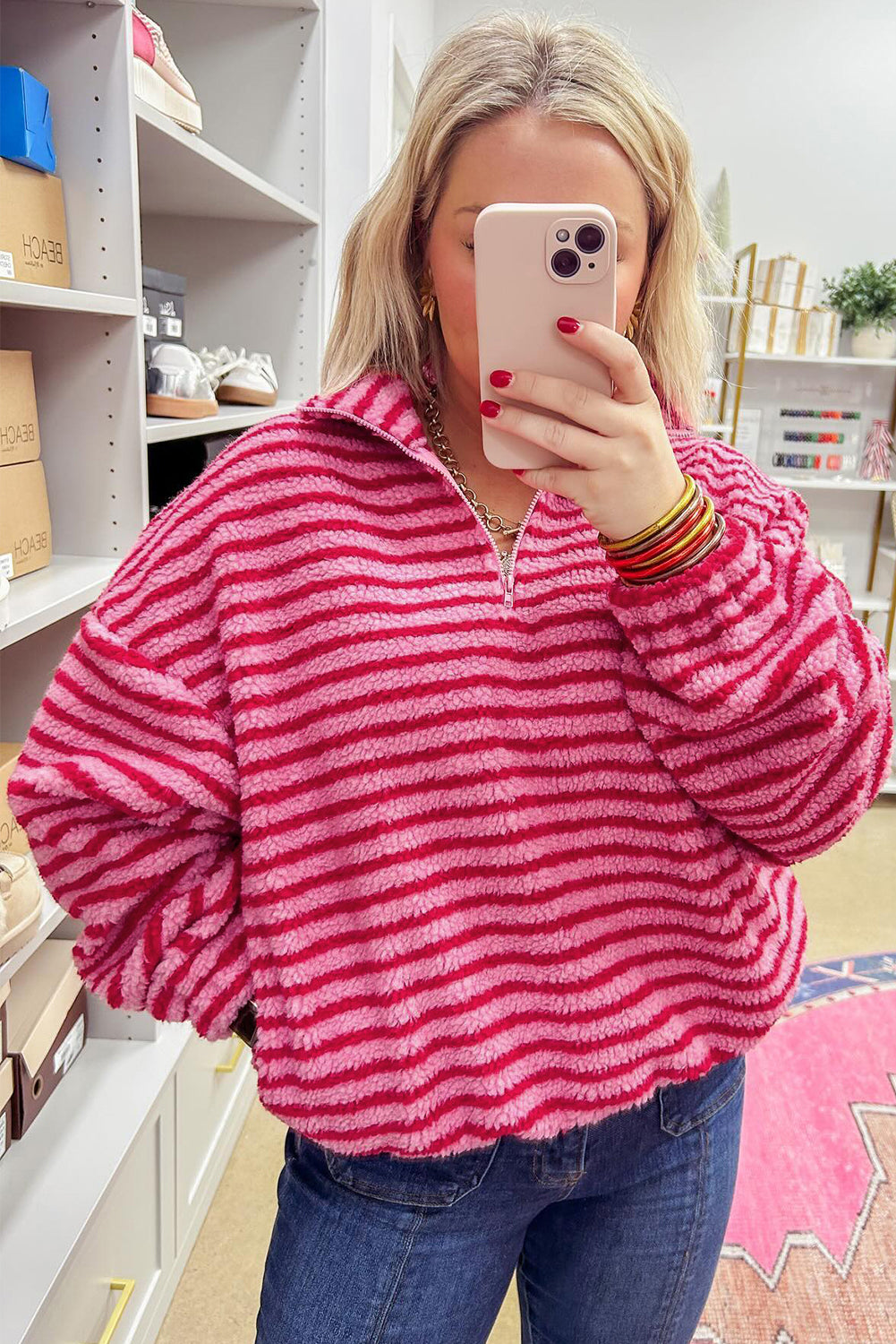 Stripe Quarter Zip Fleece Oversize Sweatshirt