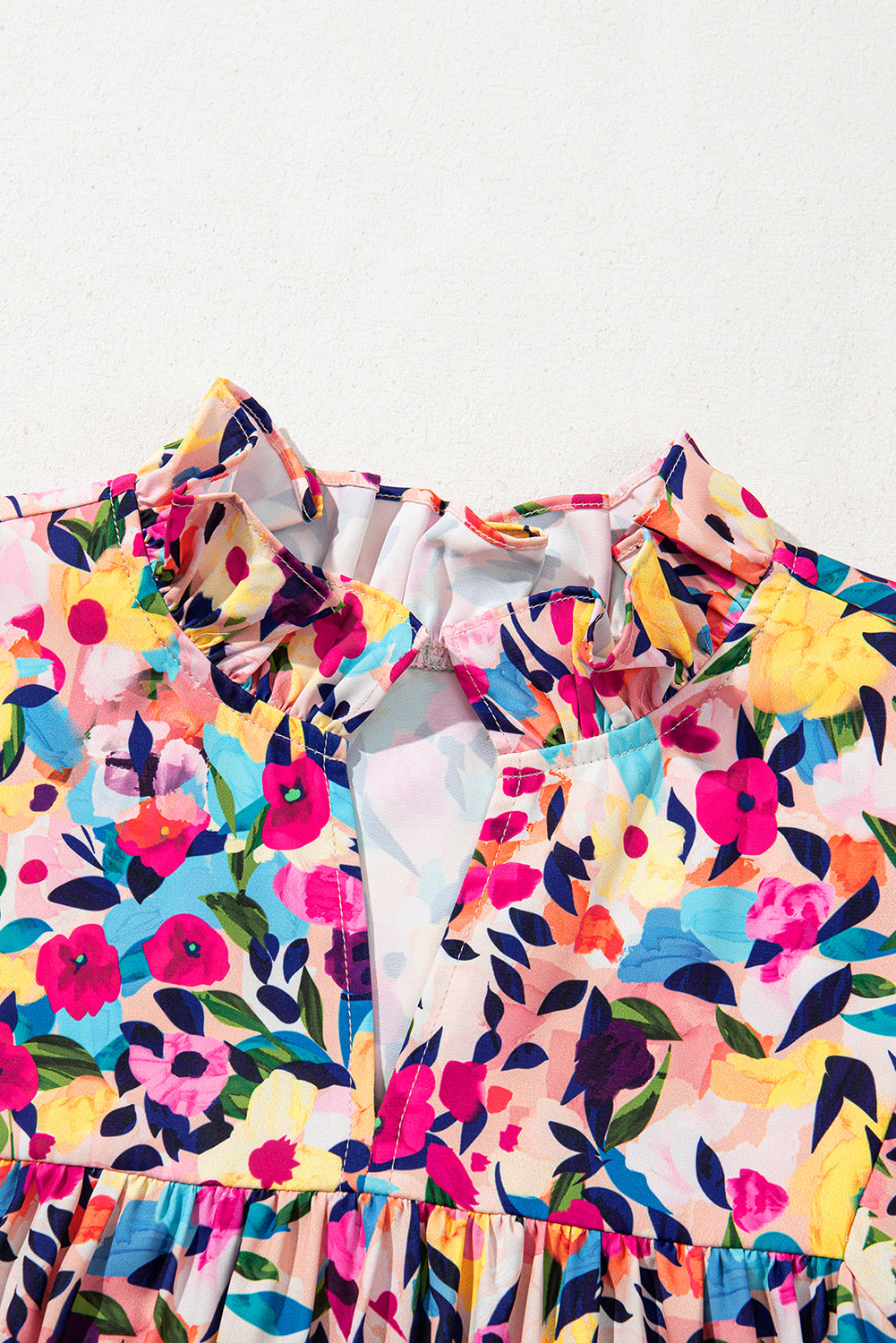 Floral Puff Short Sleeve V Neck Mini Dress