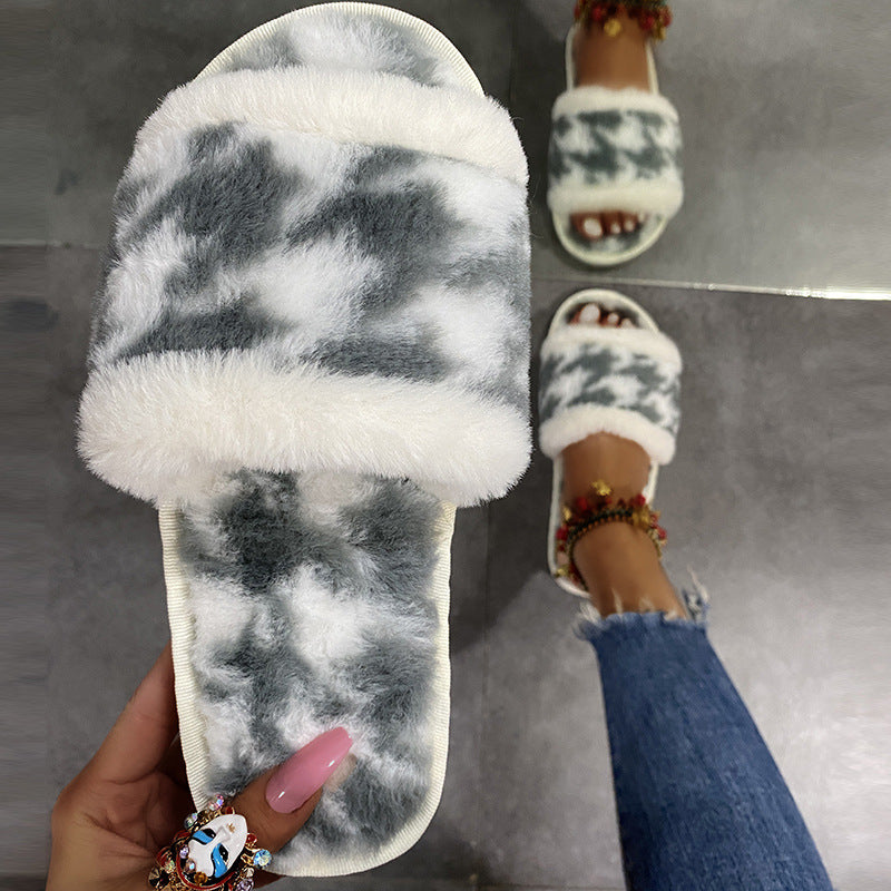 Tie-Dye Soft Bottom Fur Slippers - KOC