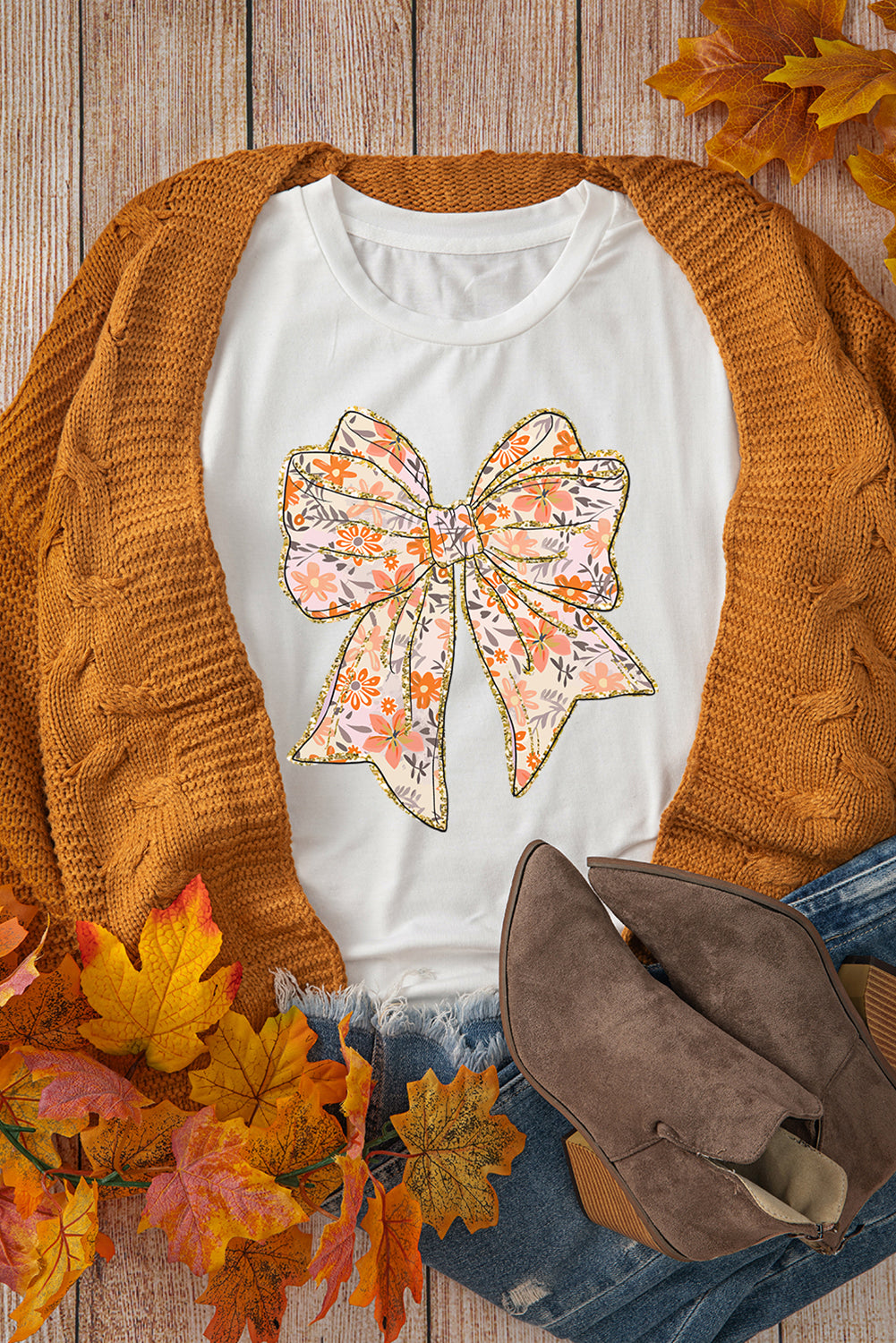Glitter Trim Floral Bow Print Cotton Blend T Shirt