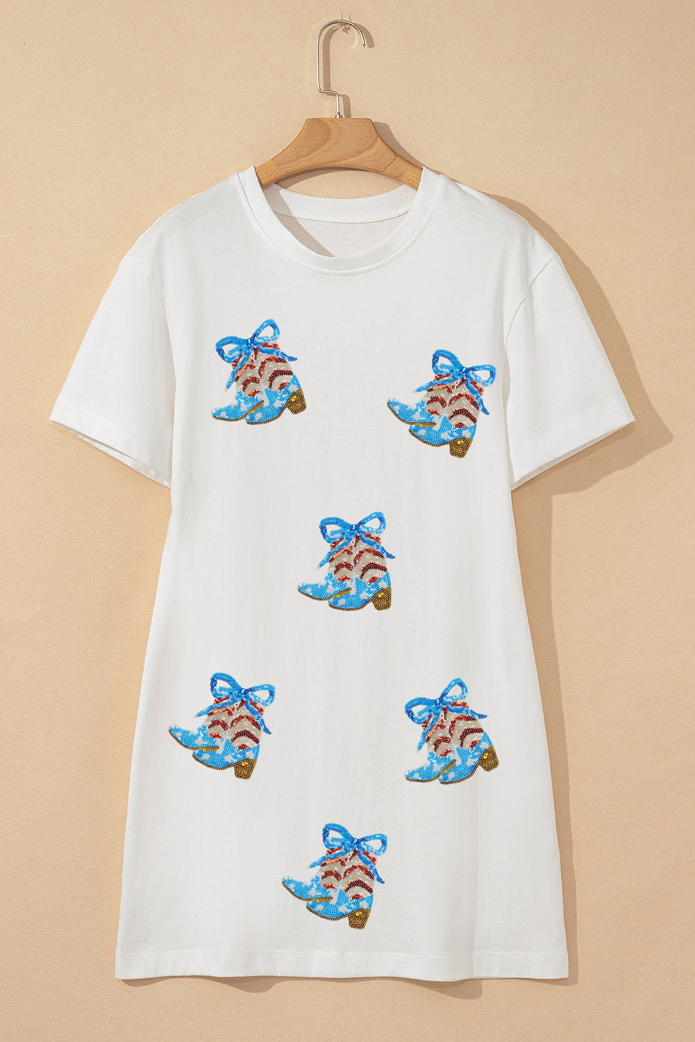Bow Patriotic Cowgirl Boots Sequin Patch Shift T Shirt Dress