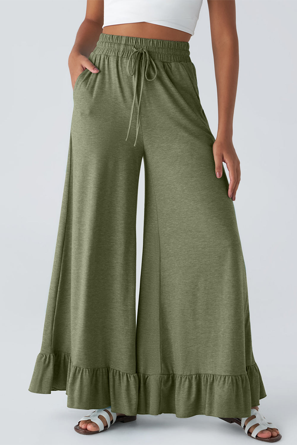 Ruffled Wide Leg Pull On High Waist Pants with Pockets