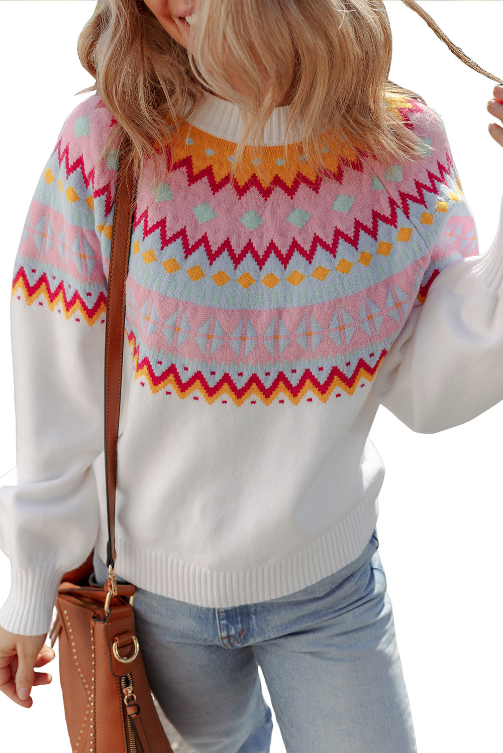 Ethnic Geometric Colorblock Print Drop Shoulder Sweater
