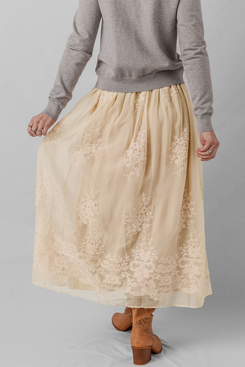 Embroidered Mesh Overlay Flowy Long Skirt