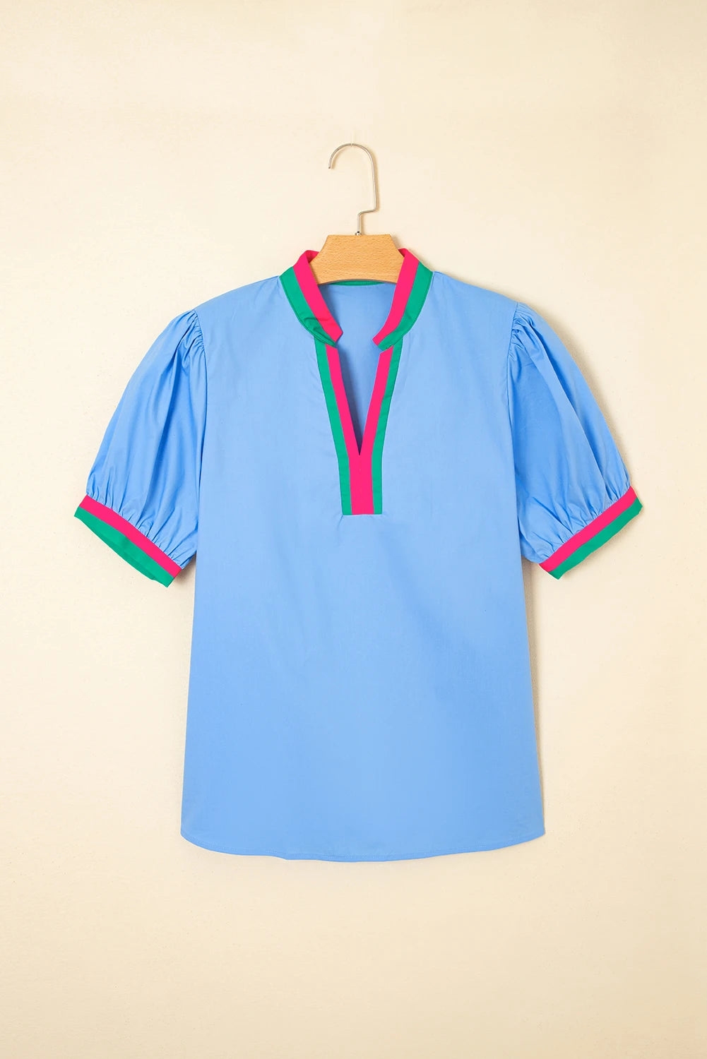 Puff Sleeve Pop of Color Neckline Blouse