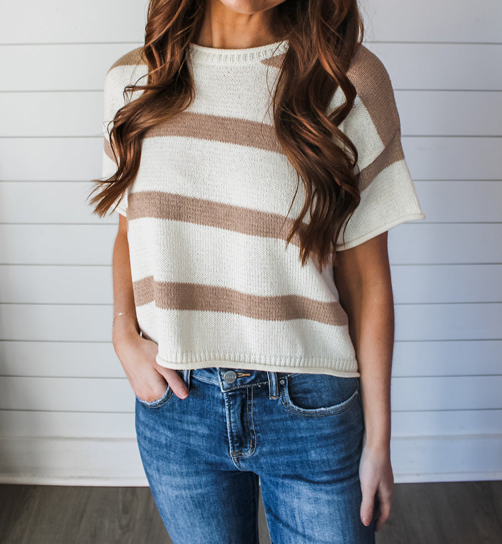 Stripe Dropped Short Sleeve Lightweight Knitted Top