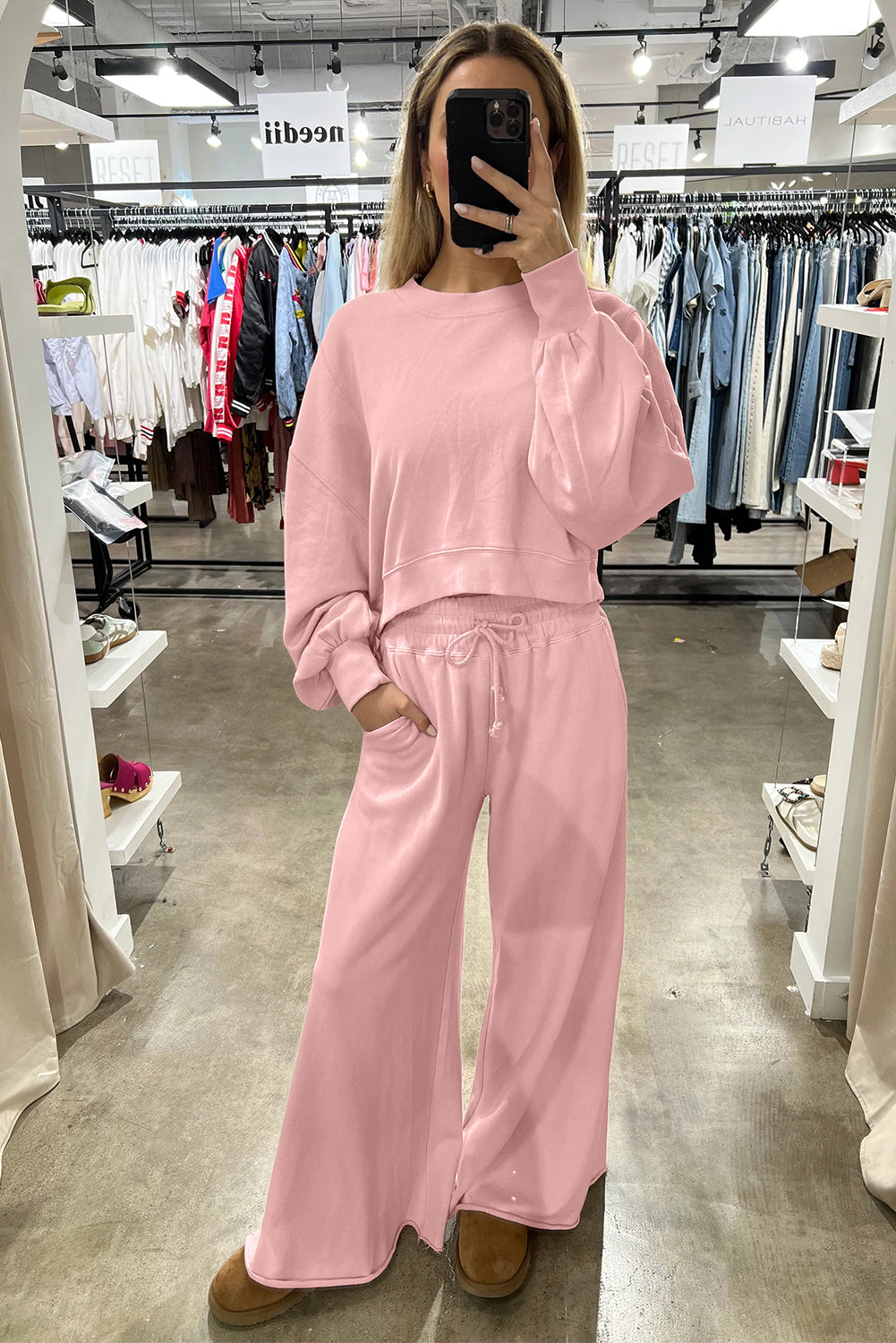 Drop Shoulder Puff Sleeve Crop Pullover Drawstring Wide Leg Pants Set