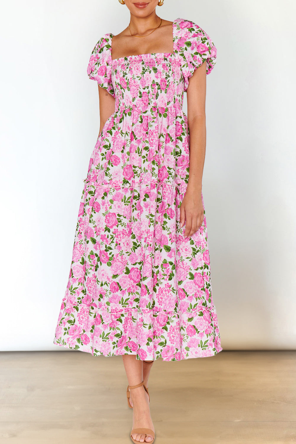 Dainty Floral Smocked Puff Sleeve Flowy Long Dress