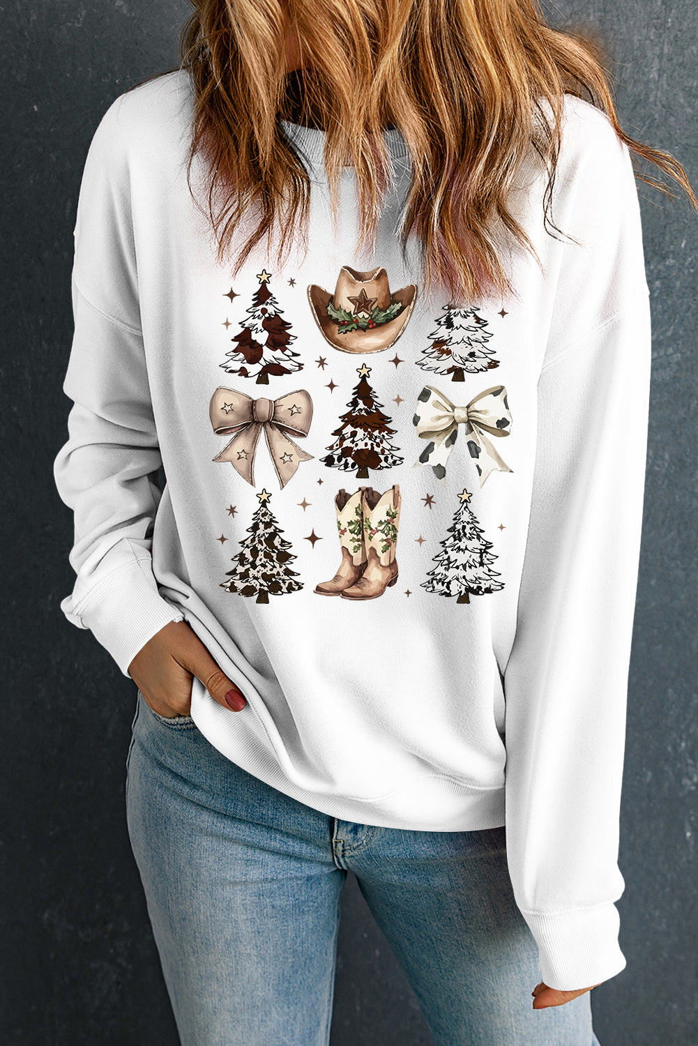 Cowgirl Bow Christmas Tree Print Drop Shoulder Sweatshirt