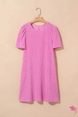 Corded Knit Crew Neck Puff Sleeve Shift Mini Dress