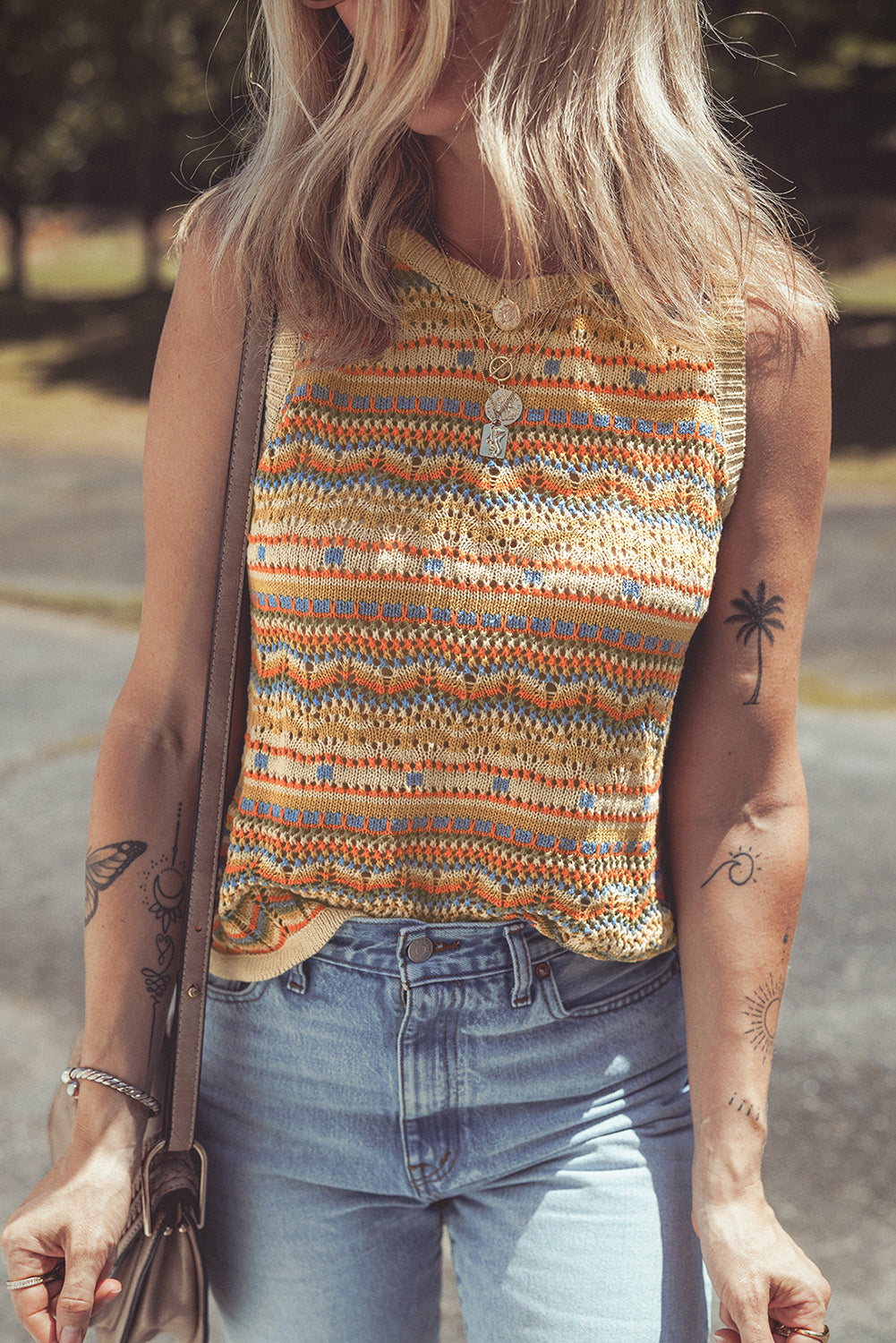 Eyelet Crochet Round Neck Sweater Vest