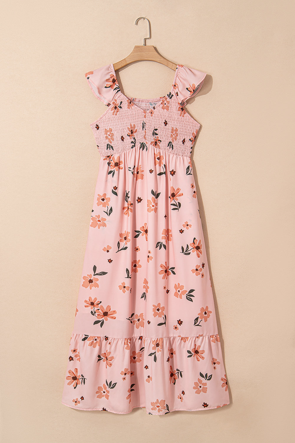 V Neck Flutter Sleeve Smocked Bodice High Waist Ruffle Maxi Dress