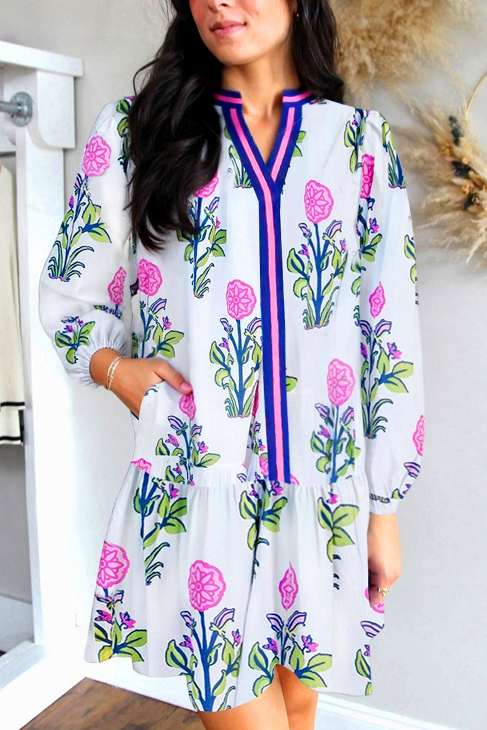 Floral Print Contrast Striped Trim Notched Neck Long Sleeve Dress