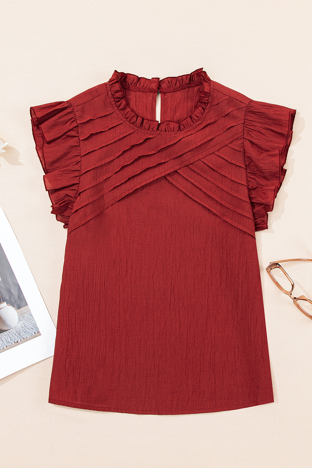 Solid Color Pleated Detail Ruffle Short Sleeve Blouse