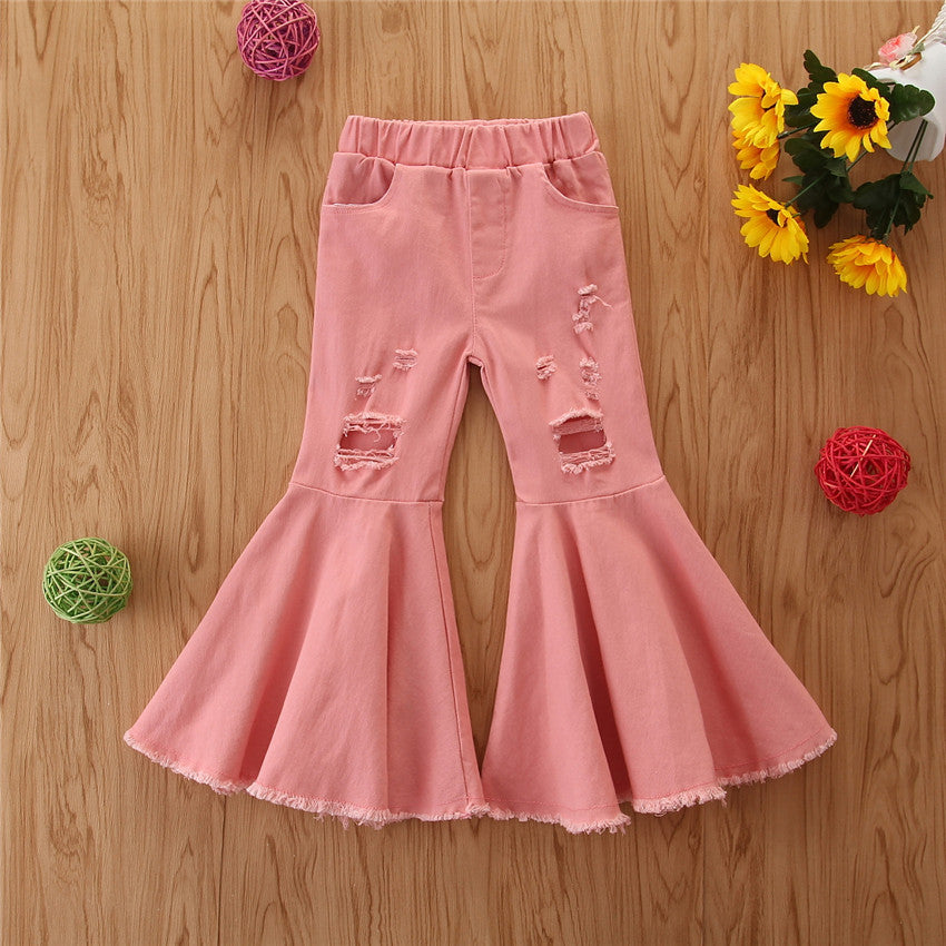 Fashionable Girls' Pink Ripped Flared Pants