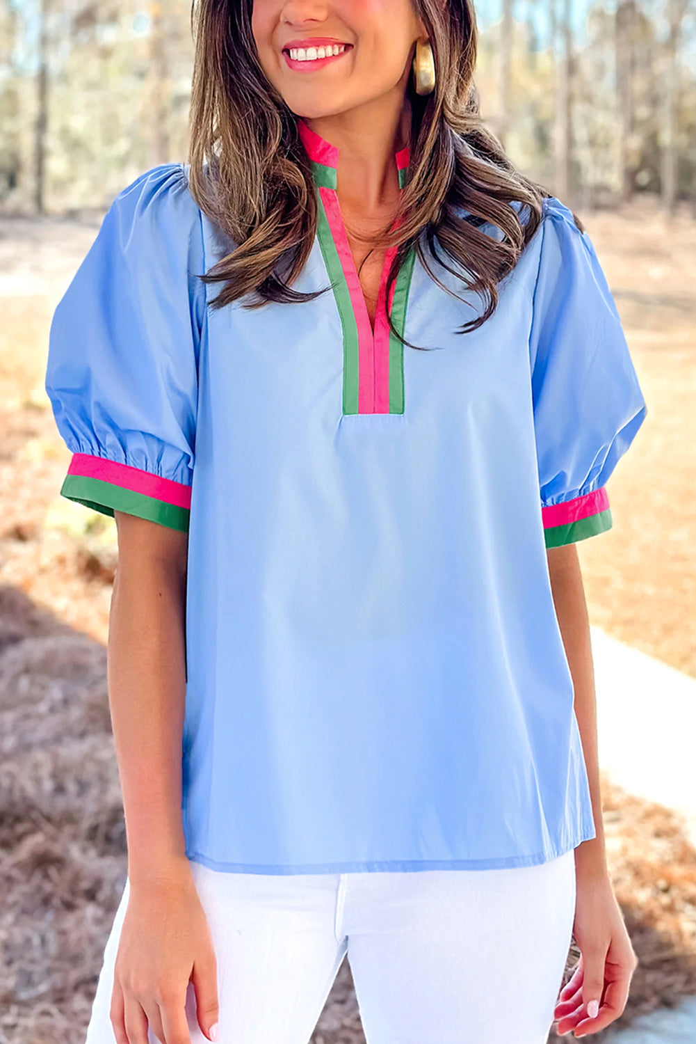 Puff Sleeve Pop of Color Neckline Blouse