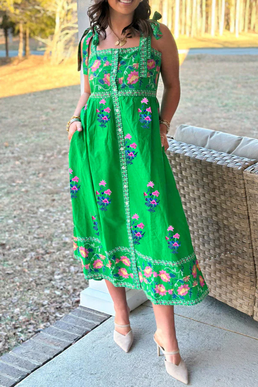 Floral Print Contrast Trim Knotted Straps Midi Dress