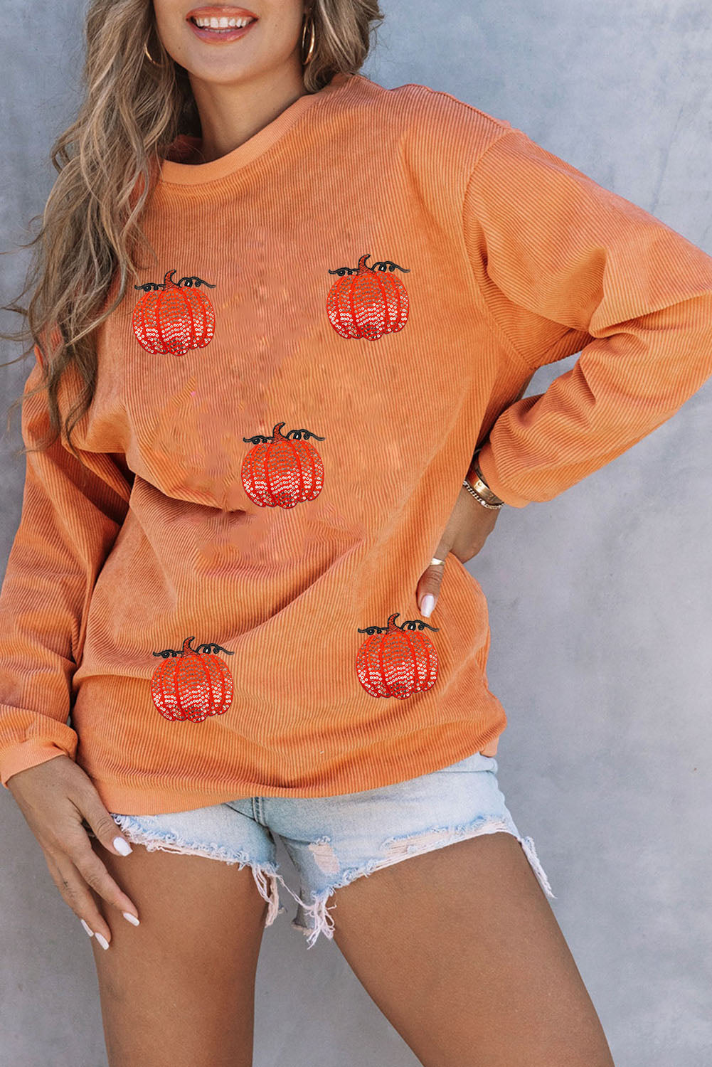 Sequin Pumpkin Patched Twisted Rib Baggy Sweatshirt