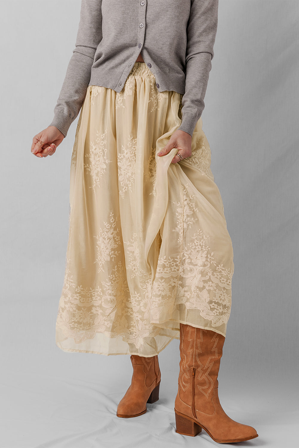 Embroidered Mesh Overlay Flowy Long Skirt