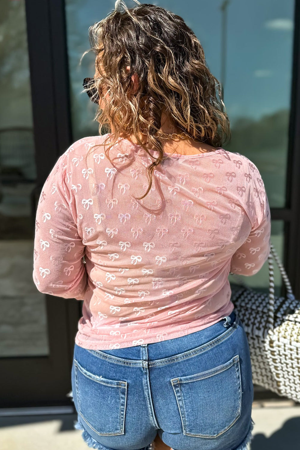 Plus Size Bow Embroidered Mesh Long Sleeve Top
