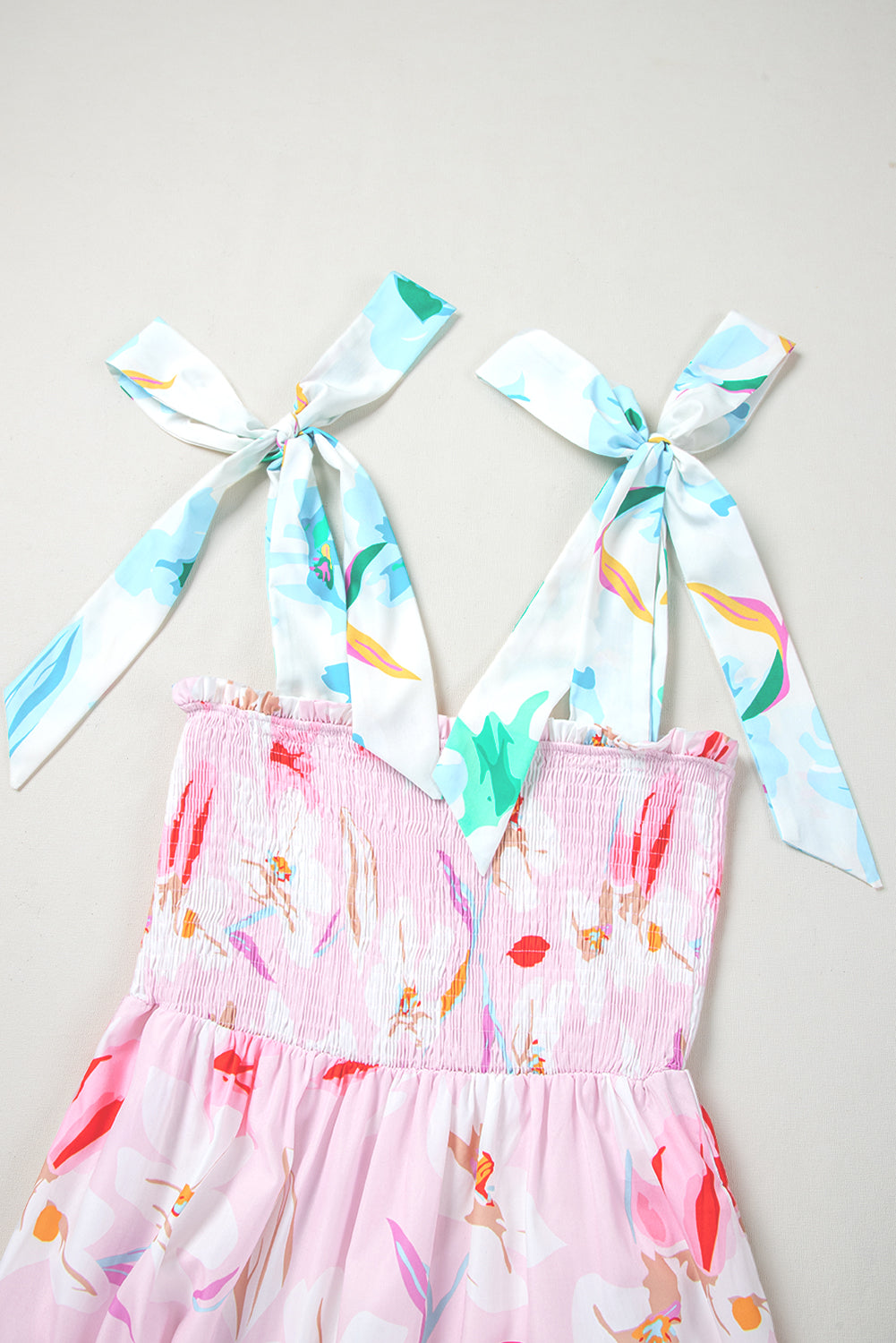 Floral Print Knotted Shoulder Smocked Maxi Dress
