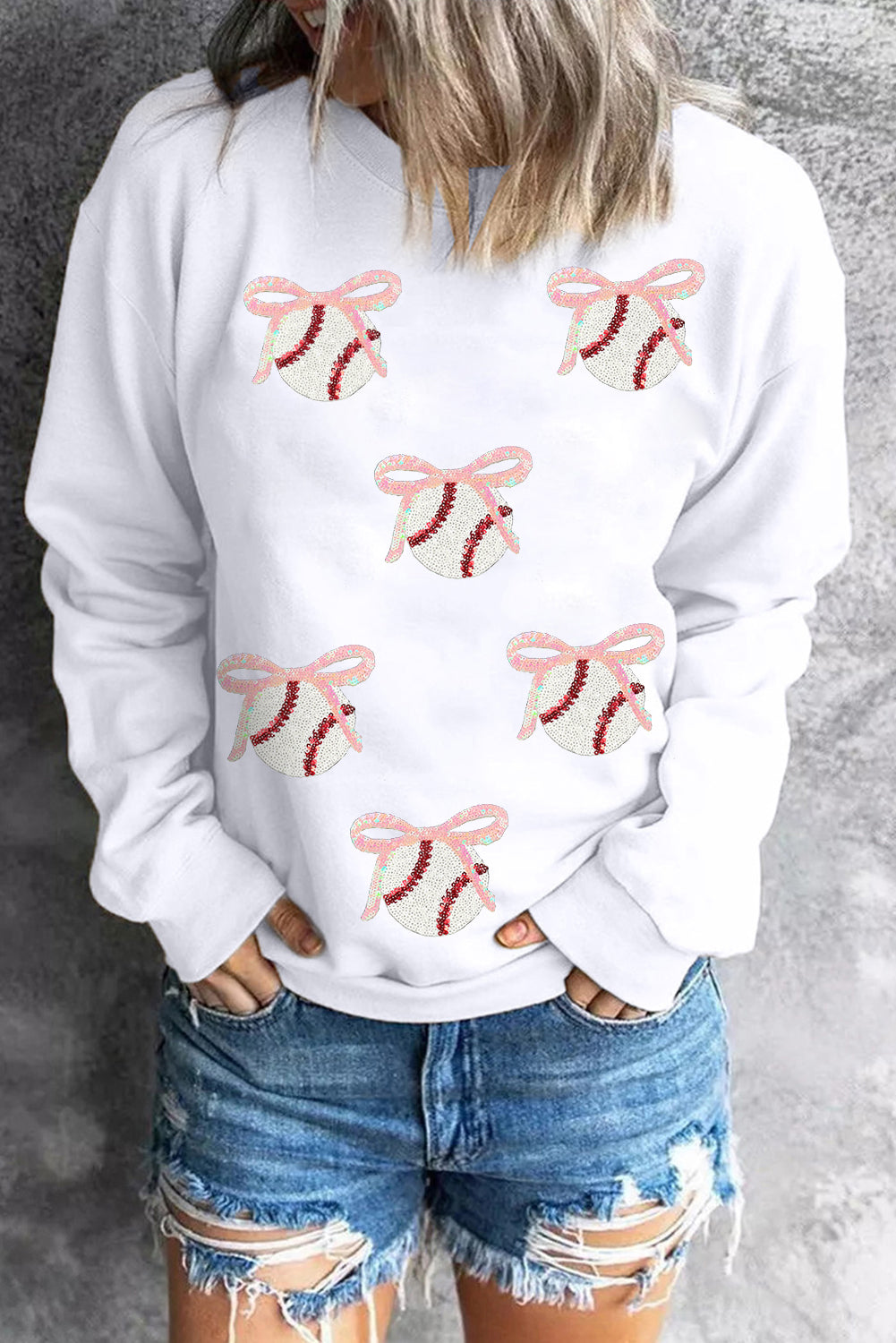 Sequin Bow Baseball Patched Casual Sweatshirt