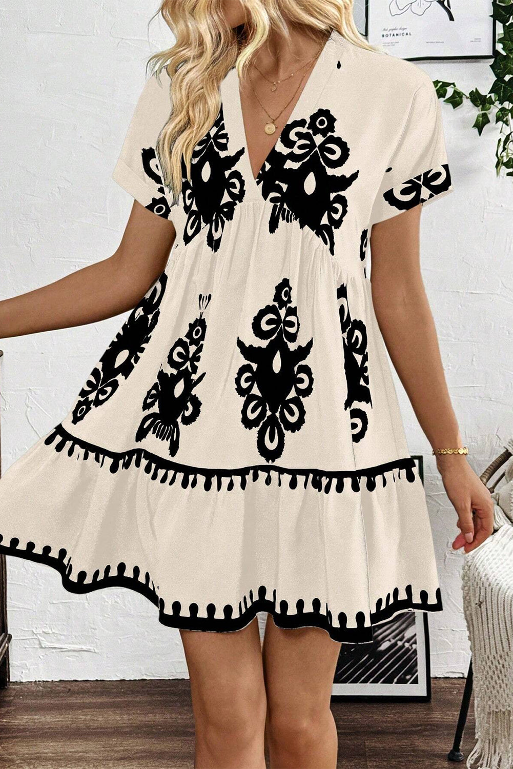 Vintage Print V Neck High Waist Short Sleeve Dress