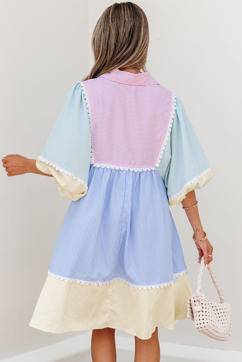Striped Patchwork Ric Rac Puff Sleeve Collared Mini Dress