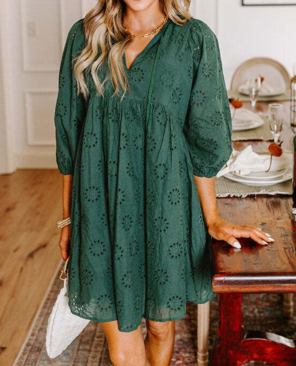 Embroidered Eyelet Pattern 3/4 Puffy Sleeve Swing Mini Dress