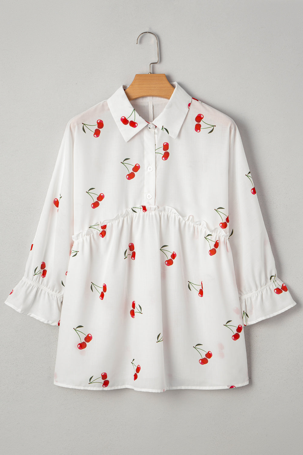 Cherry Print Flounce Sleeve Collared Frilled Babydoll Blouse