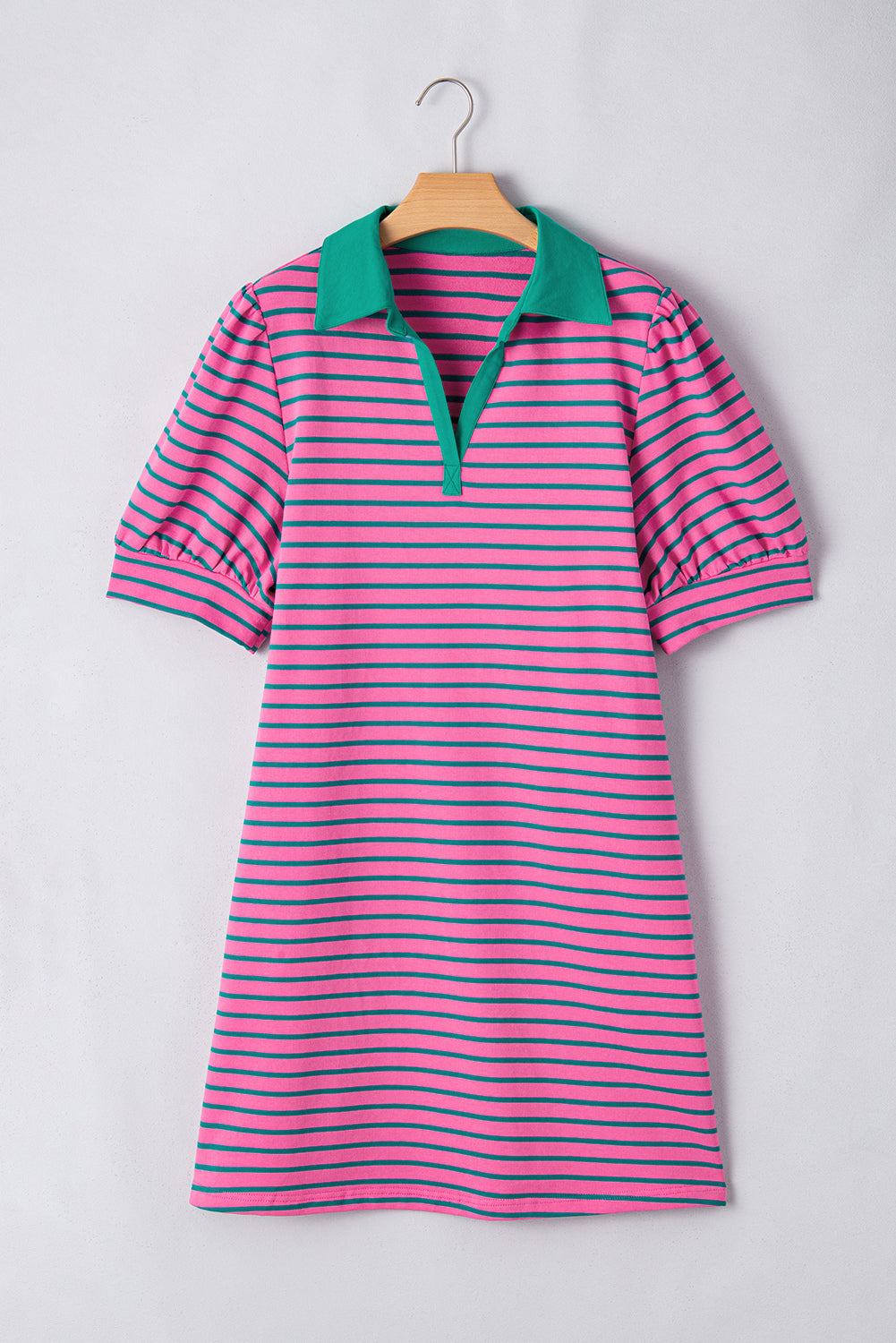 Collared V Neck Puff Sleeve Shift T Shirt Dress with Pockets