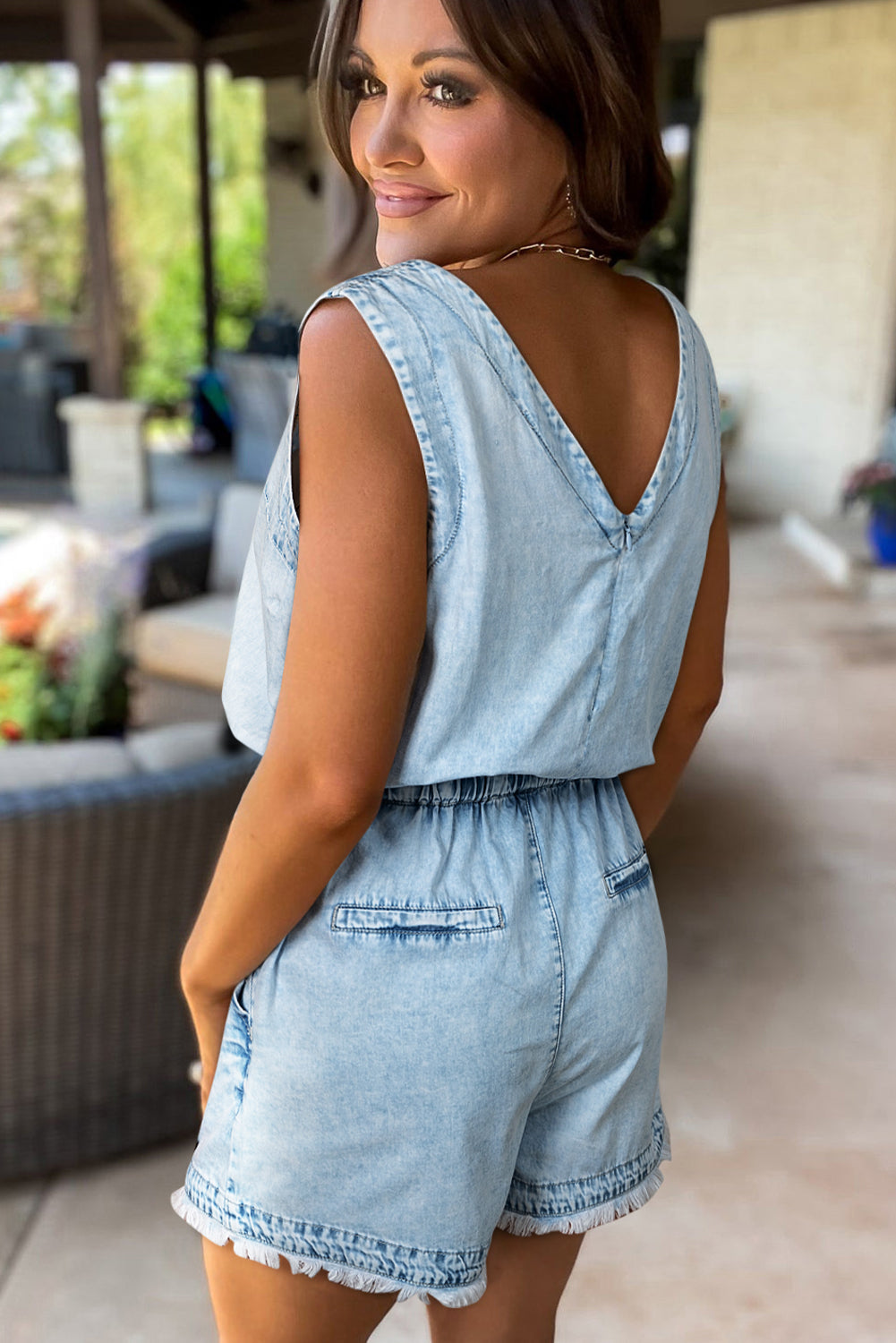 V Neck Raw Hem Denim Romper