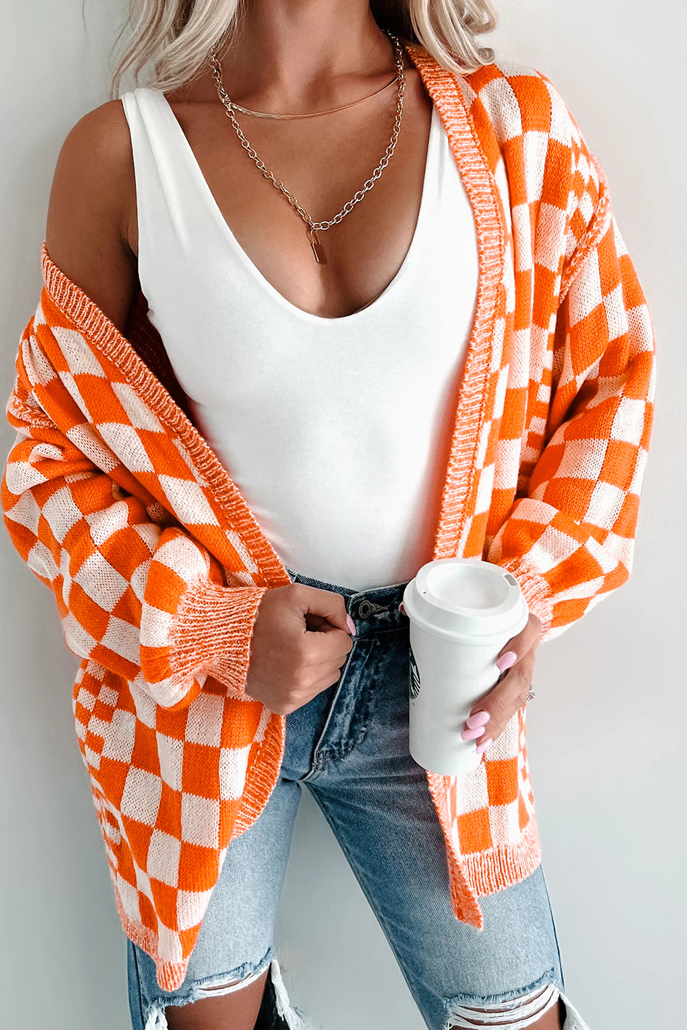 Checkered Open Front Drop Shoulder Cardigan
