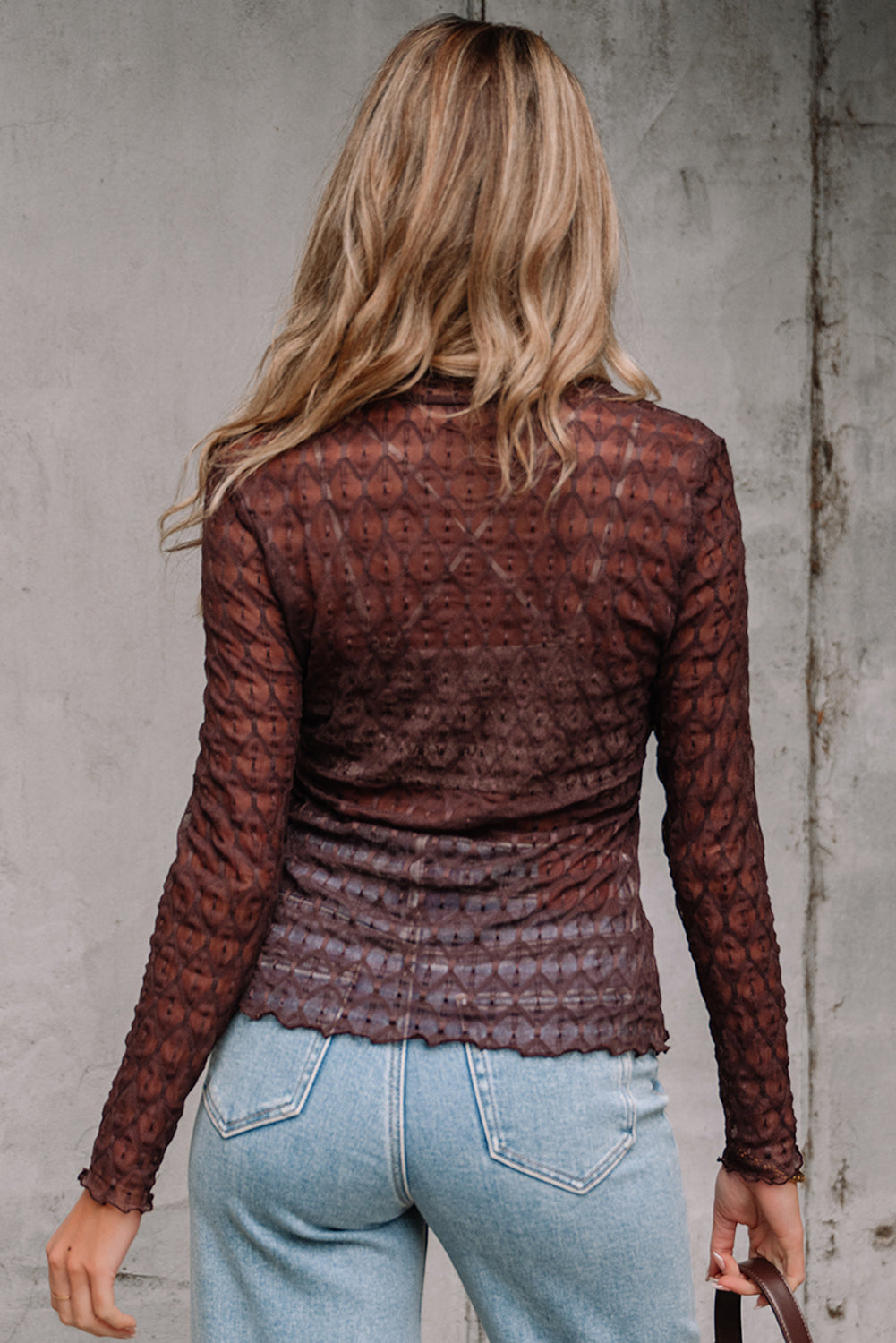 Sheer Mesh Patterned Lettuce Trim Slim Long Sleeve Top