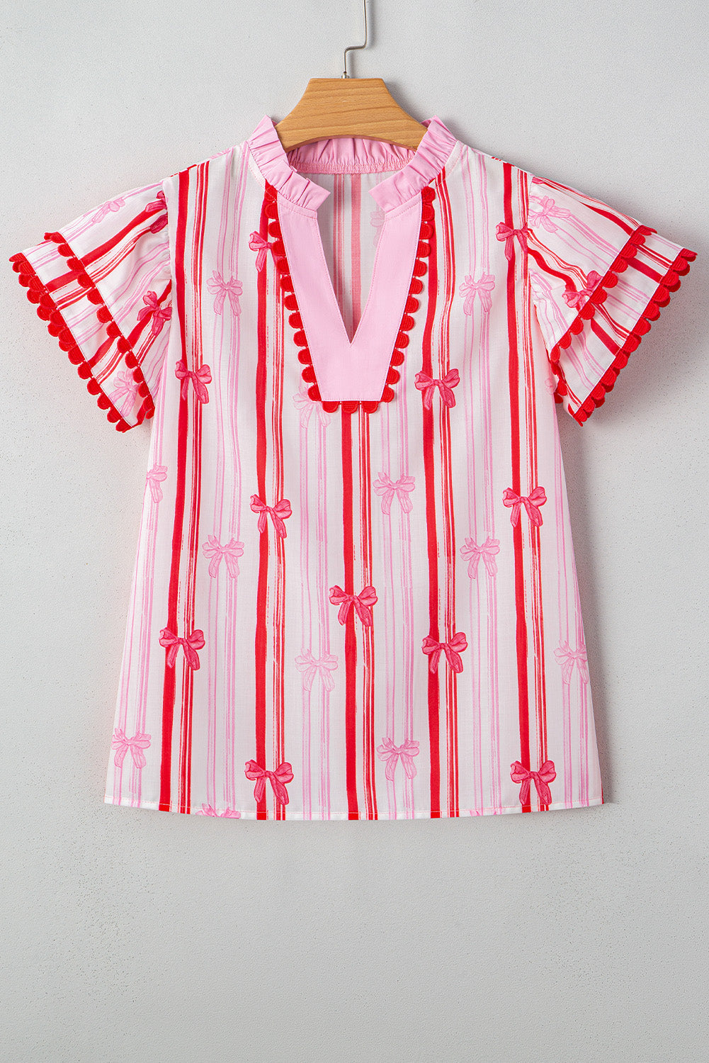 Ric-rac Trim Ruffled Sleeve V Neck Bow Striped Printed Blouse