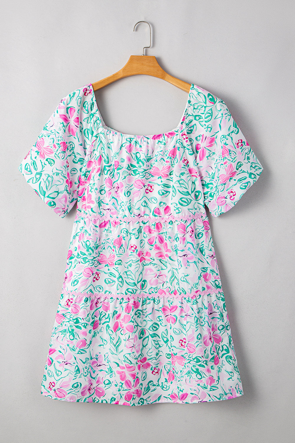 Floral Print Ric-rac Trim Square Neck Plus Size Mini Dress