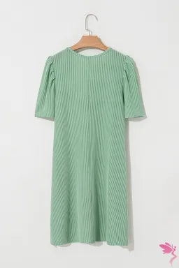 Corded Knit Crew Neck Puff Sleeve Shift Mini Dress