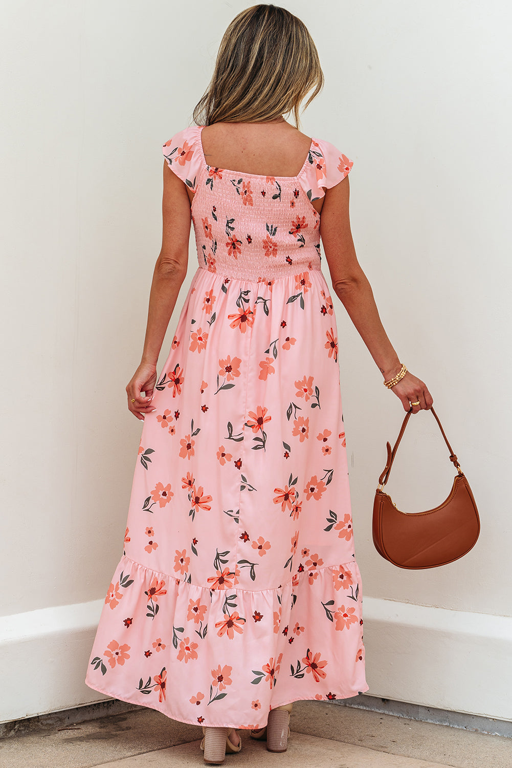 V Neck Flutter Sleeve Smocked Bodice High Waist Ruffle Maxi Dress