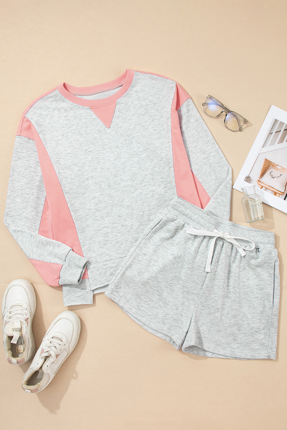 Color Block Raw Hem Pullover and Casual Shorts Set