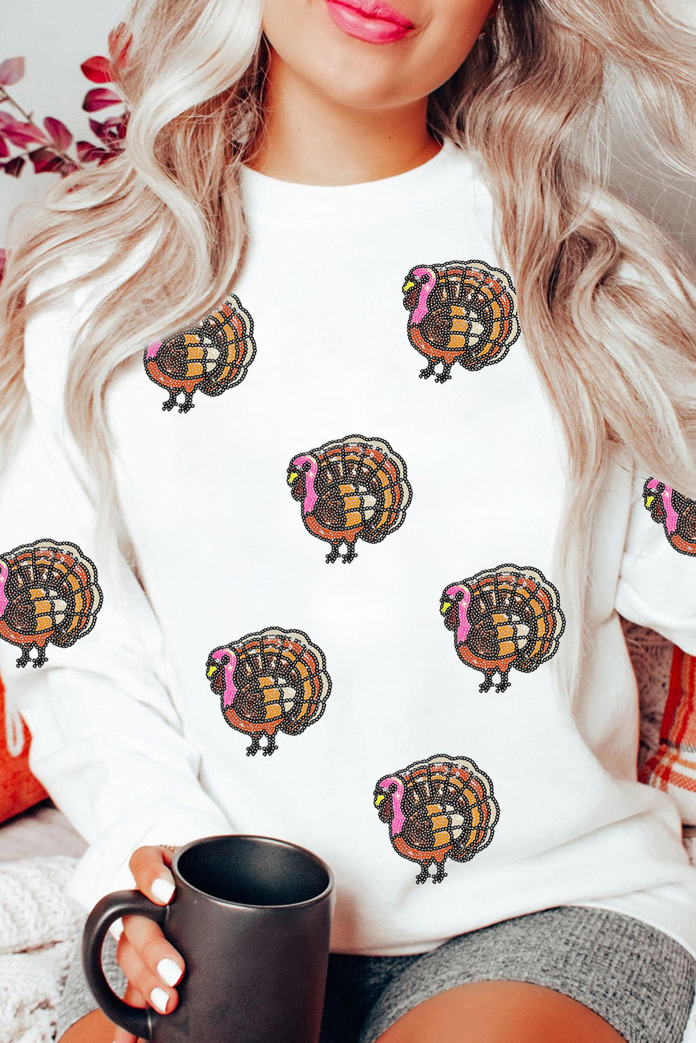 Thanksgiving Turkey Sequin Patched Pullover Sweatshirt